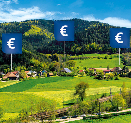Landschaft mit Hinweisen (Eurozeichen), die anzeigen, wo Heizungsmodernisierungen gefördert werden können.