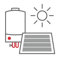 Icons: Gas-Brennwertheizung, Solarkollektoren und Sonne (Hybridheizung).