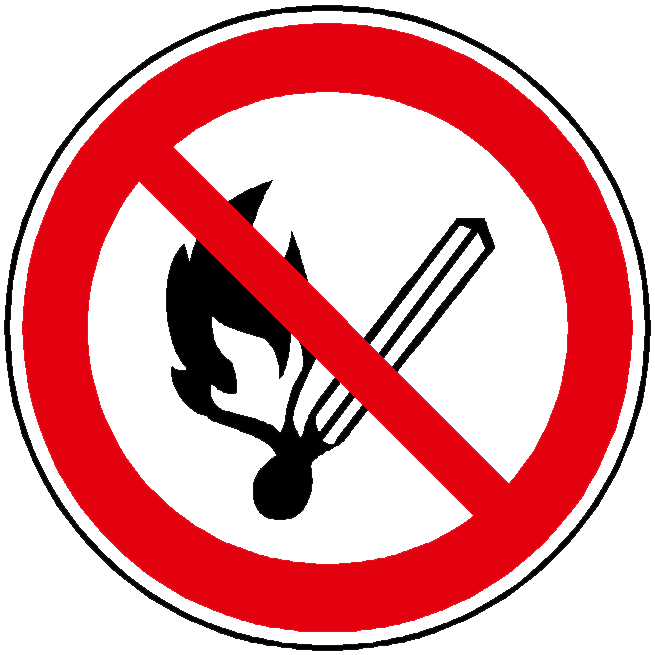 Verbotszeichen "Keine offene Flamme, Feuer, offene Zündquelle und Rauchen verboten"