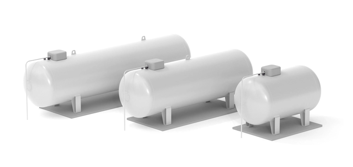 3-D-Modelle von Flüssiggastanks in drei verschiedenen Größen.