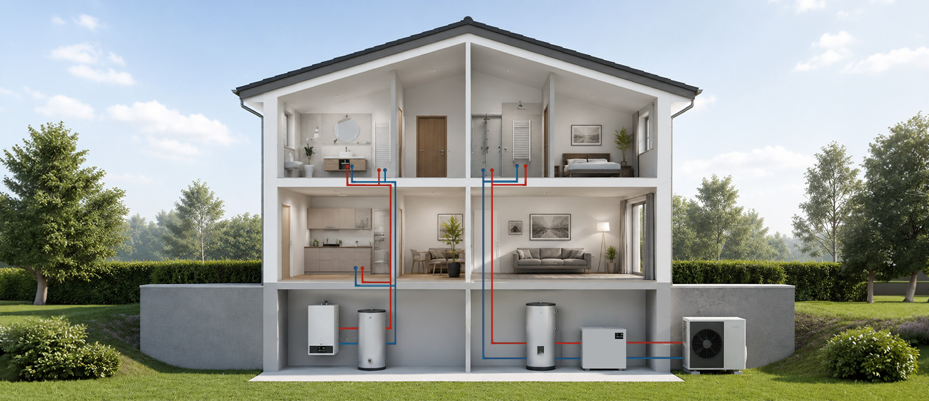 Querschnitt eines Einfamilienhauses mit Heizwasserleitungen, Flüssiggastherme, Pufferspeichern und Wärmepumpe.