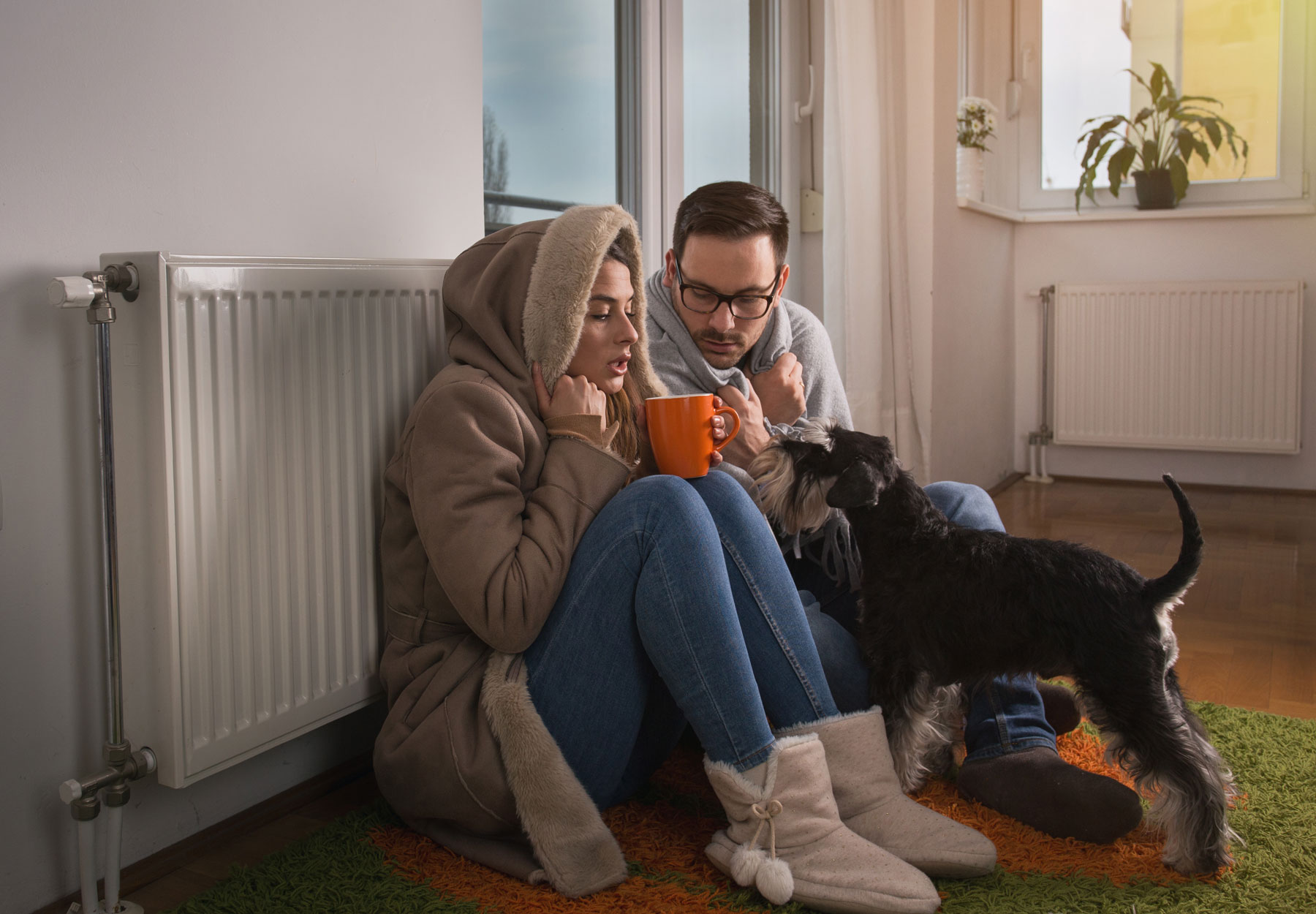 Frau und Mann in Winterkleidung mit Hund vor einem Heizkörper in Wohnzimmer, symbolisch für das Thema Heizung funktioniert nicht.