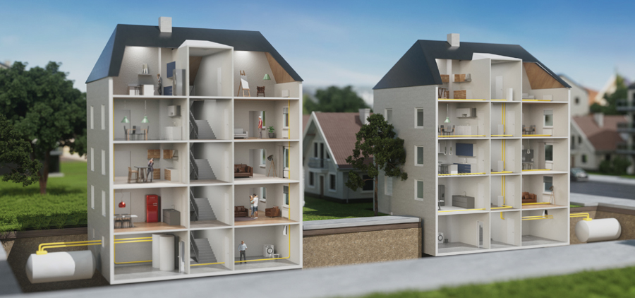 Querschnitte zweier Mehrfamilienhäuser, das eine mit Flüssiggas-Zentralheizung, das andere mit Flüssiggas-Etagenheizung.