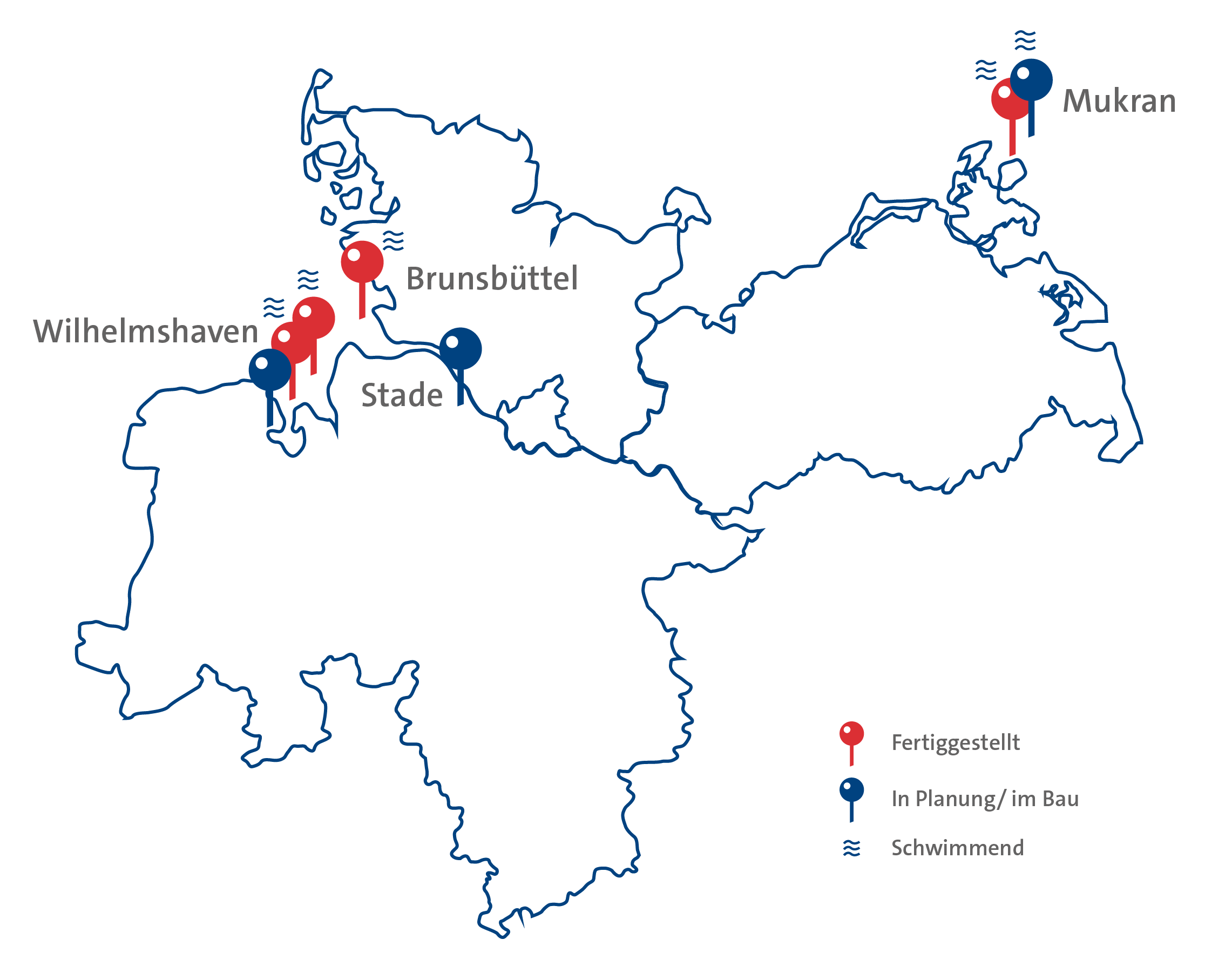 Landkarte: Standorte der fertiggestellten und in Planung bzw. in Bau befindlichen LNG-Terminals in Deutschland (Brunsbüttel, Mukran (Rügen), Stade, Wilhelmshaven).