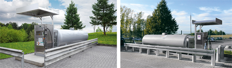 Zwei Ansichten einer Treibgas-Tankstelle mit Leitplanke als Anfahrschutz.