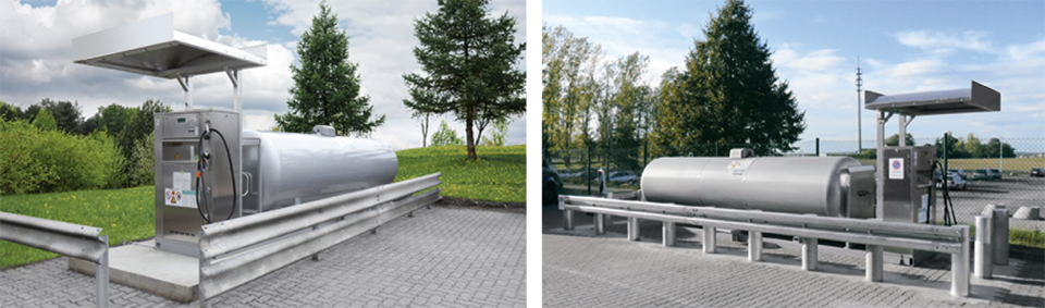 Zwei Ansichten einer Treibgas-Tankstelle mit Leitplanke als Anfahrschutz.