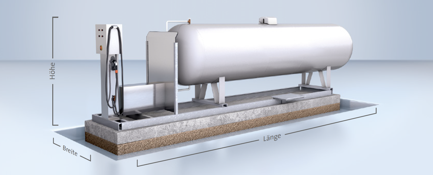 Modell einer einfachen Treibgas-Tankstelle auf einem Betonfundament.