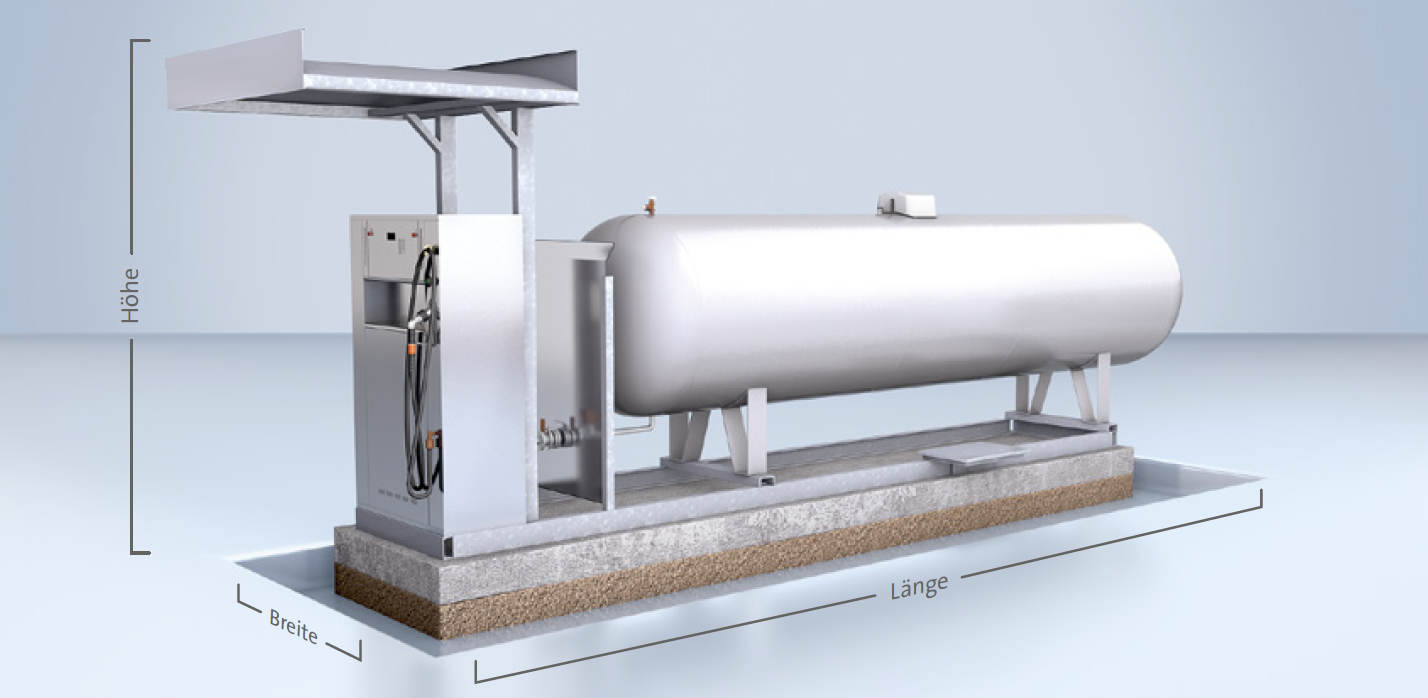 Modell einer Treibgas-Tankstelle mit Sonderausstattung auf einem Betonfundament.