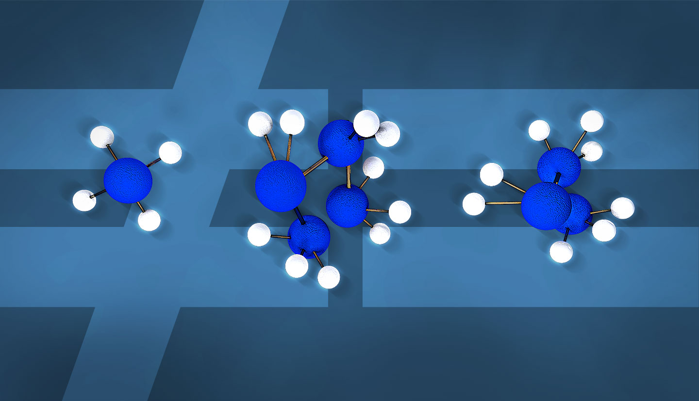 Molekülstrukturen von Methan, Butan und Propan vor einem Ungleich- und Gleich-Zeichen, symbolisch für Gemeinsamkeit und Unterschied zwischen Erdgas, LNG und Flüssiggas.