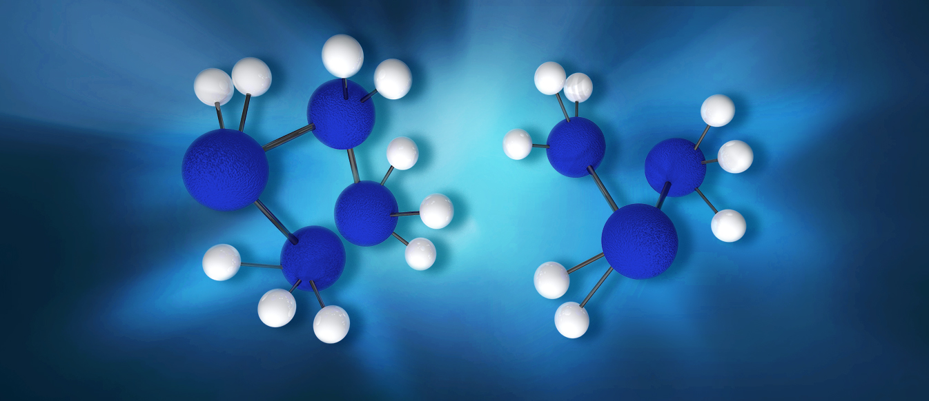 3-D-Illustration eines Molekülmodells, symbolisch für Flüssiggas.